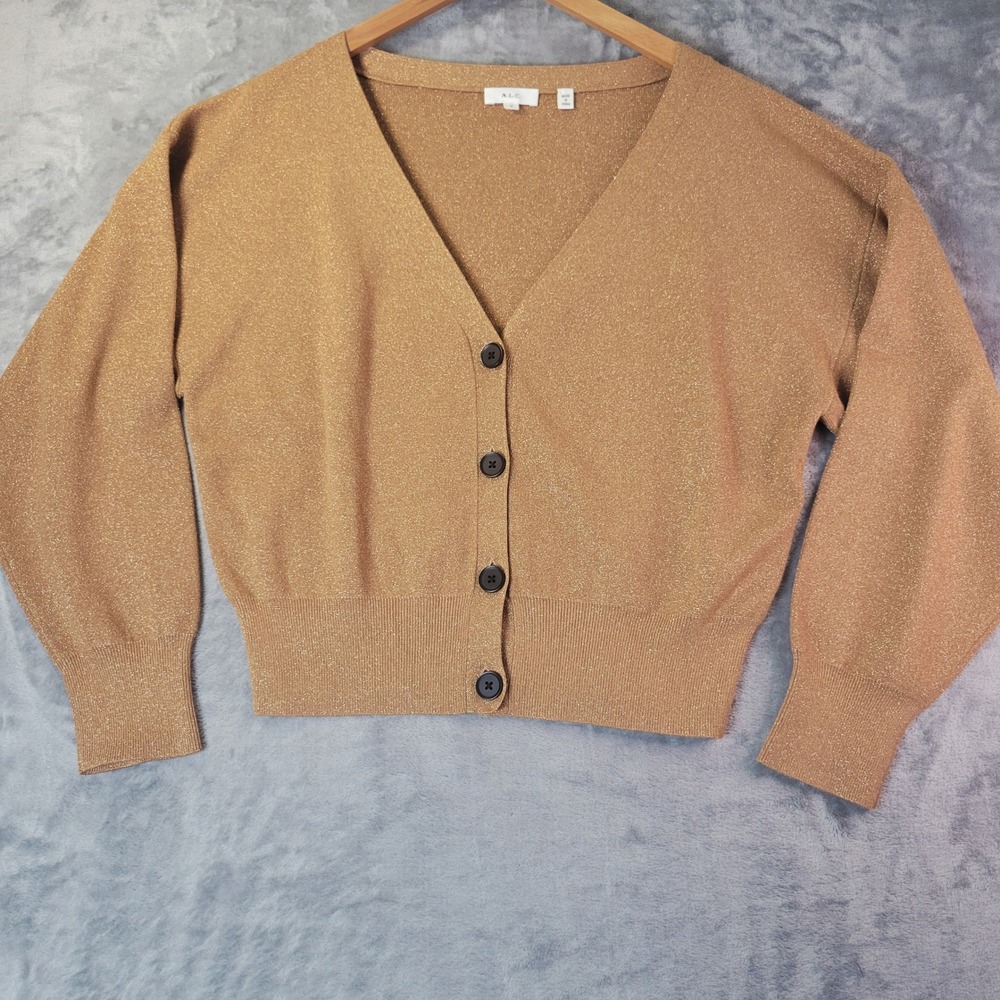 ALC Gold Metallic V-Neck Button Front Cardigan Sweater Womens S Evening‎ Luxe
